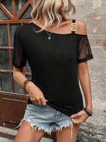 Camiseta de manga corta con hombro asimétrico, empalme de malla, casual de vacaciones, nueva primavera/verano 2026 para mujer - Negro - Ver 6