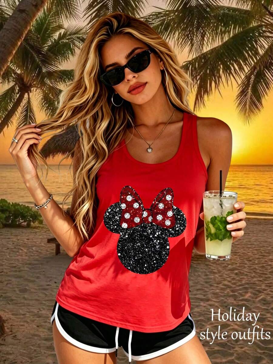 Women's Vest, Summer Casual Top, "Disney" Minnie Mouse Head With Red Bow, Shiny Polka Dots, Black Plush Ears, Festive Style Apparel, Casual And Versatile Beachwear, Suitable For Daily Wear, Women's Clothing For Beach Vacations, Vest Top - Đỏ - Xem 1