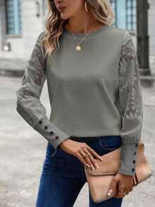Blusa de mujer con mangas de encaje floral, parches y tejido de gofre, color blanco - Verde militar - Ver 3