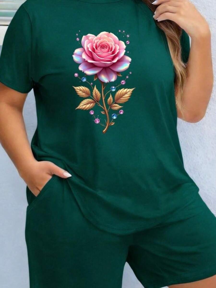 This Product Includes Only One Shirt, Pants Not Included. Women's Round Neck Shirt, Exotic Iridescent Pink Tones, Gold Leaves, Pink And Blue Crystals, Realistic-Fantasy Style, Central Composition, Elegant And Magical Aesthetic, Machine Washable, Durable Fabric, Casual Style, Comfortable Material, Printed Design, Loose Casual Wear, Pairs Well With Jeans, Short Skirts, And Shorts. - 綠色 - 查看 1