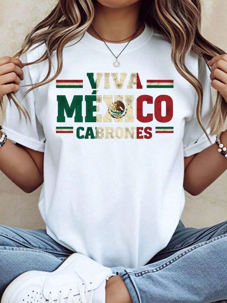 Playera mujer Viva México Cabrones Diseño de la Bandera de México Para Mujeres Hombres Unisex Camiseta Casual para Celebrar el Día de la Independencia Mexicana, Camiseta Patriótica, 220g Casual diario - Blanco - Ver 1