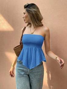 Frenchy Top asimétrico sin tirantes de tejido texturizado de color liso, adecuado para vacaciones de verano - Azul - Ver 4