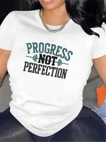 Camiseta de diseño sencillo, estampada con las palabras "Progreso, no Perfección". |   Una opción ideal para entrenamientos en el gimnasio, ligera y duradera, cómoda y ajustada, adecuada para el uso diario, ideal para actividades en casa o al aire libre, diseño de moda unisex, cuello redondo, tela ligeramente elástica. Elegante y práctica para el verano. - Blanco - Ver 1