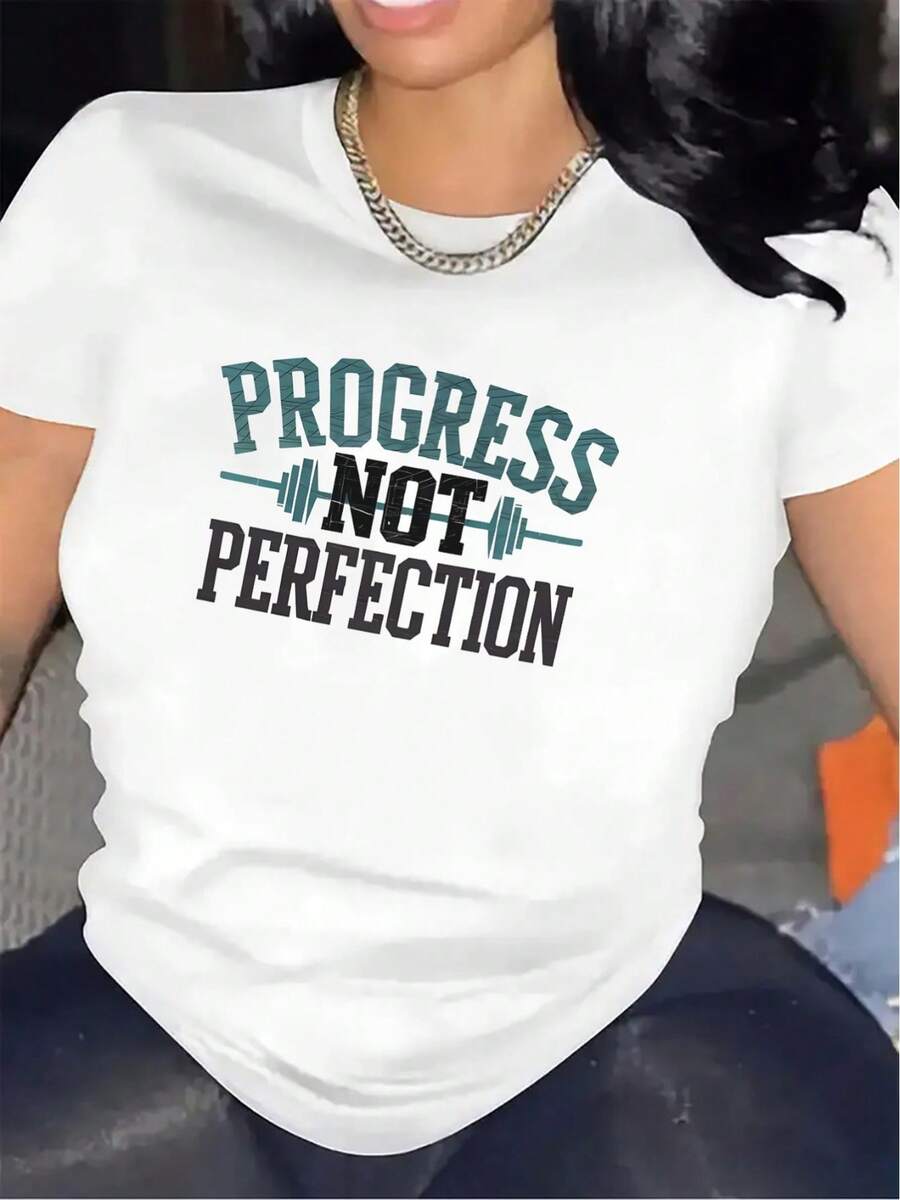 Camiseta de diseño sencillo, estampada con las palabras "Progreso, no Perfección". | Una opción ideal para entrenamientos en el gimnasio, ligera y duradera, cómoda y ajustada, adecuada para el uso diario, ideal para actividades en casa o al aire libre, diseño de moda unisex, cuello redondo, tela ligeramente elástica. Elegante y práctica para el verano. - Blanco - Ver 1