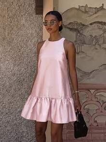 Women's Summer Satin Ruffle Hem A-Line Mini Pink Dress Y2K - Pink - View 3