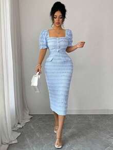 Nuevo vestido midi de punto texturizado con cuello cuadrado y mangas cortas, silueta elegante y versátil ajustada para mujeres - Azul - Ver 5