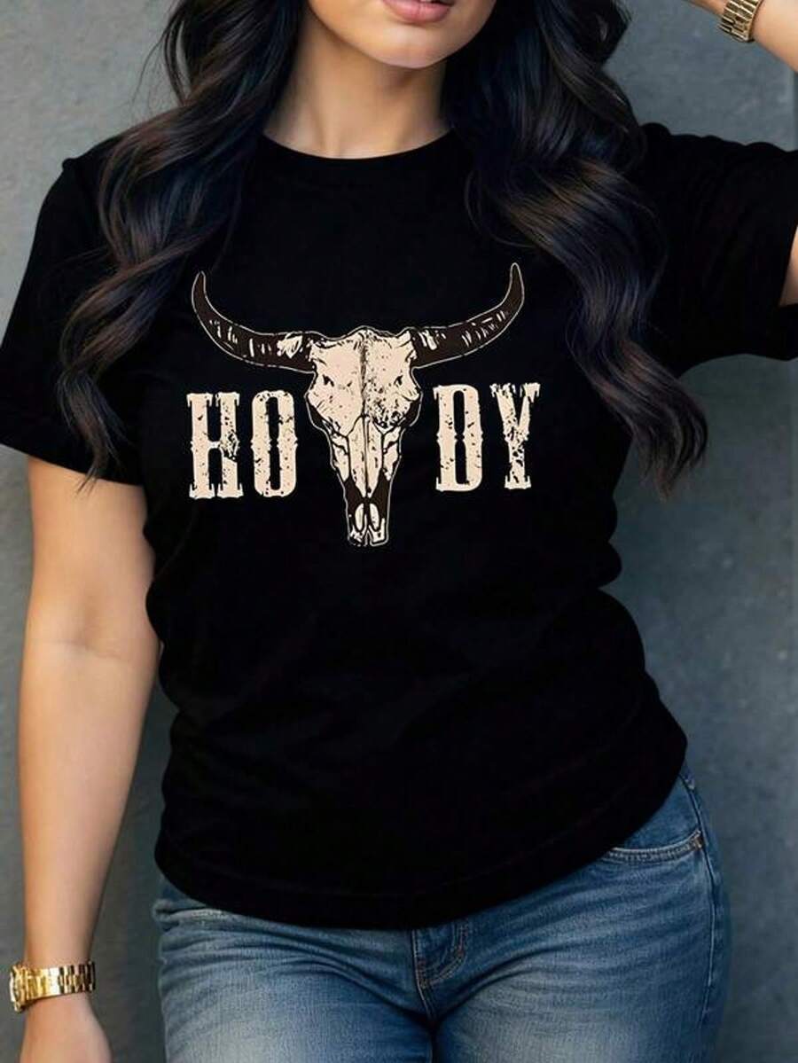 Women's Casual T-Shirt With Bull Skull Graphic Print, Original And Modern Design, Ideal For A Casual And Comfortable Look, Perfect To Combine With Jeans Or Skirts, Soft And Breathable Fabric. - 黑色 - 查看 1
