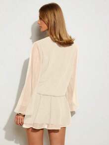 Vestido corto de mujer elegante de unicolor con cuello en V y manga larga - Albaricoque - Ver 2
