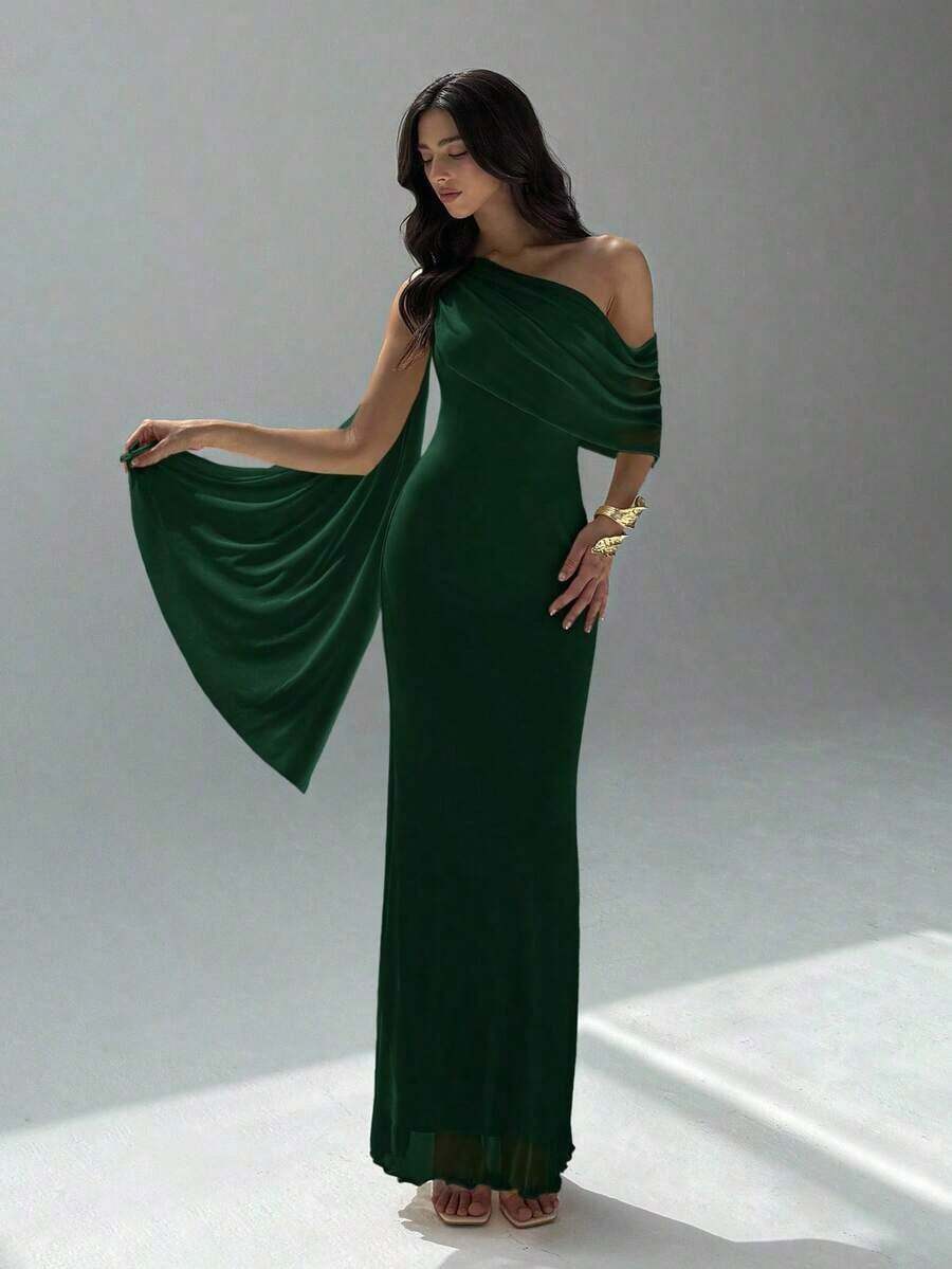 Vestido de mujer de unicolor con hombros asimétricos - Verde Oscuro - Ver 1