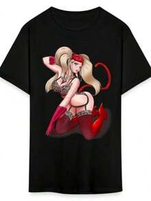Unisex Short-Sleeved T-Shirt, Pretty Anime Cute Demon Shirt Sexy Devil Ahegao Ecchi T-Shirt For Men, , Women, Romwe Men, Boho Chic, Gifts For Teachers, Women's T-Shirt, Curvy Outfits For Men, Y2K - 黑色 - 查看 1