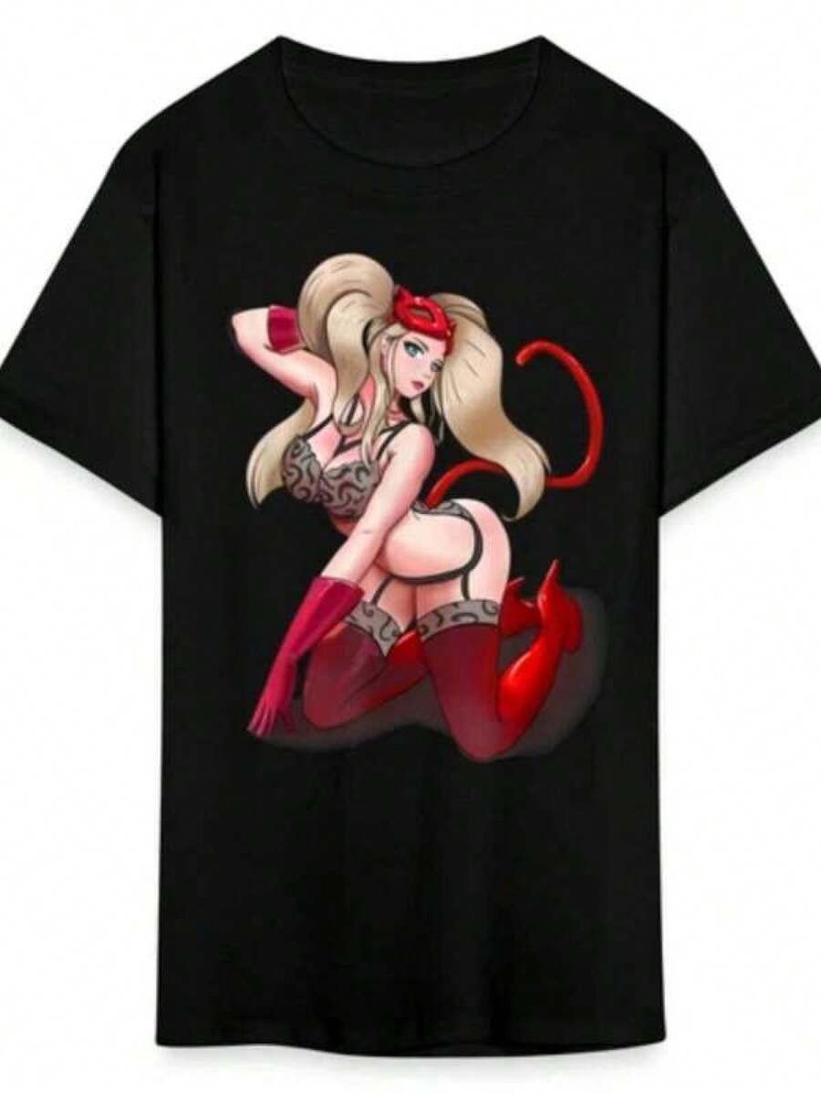 Unisex Short-Sleeved T-Shirt, Pretty Anime Cute Demon Shirt Sexy Devil Ahegao Ecchi T-Shirt For Men, , Women, Romwe Men, Boho Chic, Gifts For Teachers, Women's T-Shirt, Curvy Outfits For Men, Y2K - 黑色 - 查看 1