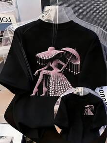 Camiseta de Mujer con Estampado de Diamantes Rosados y Paraguas - Blusa de Manga Corta con Cuello Redondo Suave, Top Compatible, Camisa Casual de Verano Lavable a Máquina, Adecuada para Mujeres, Conjuntos de Primavera, Uniformes y Atuendos Casuales - Negro - Ver 1