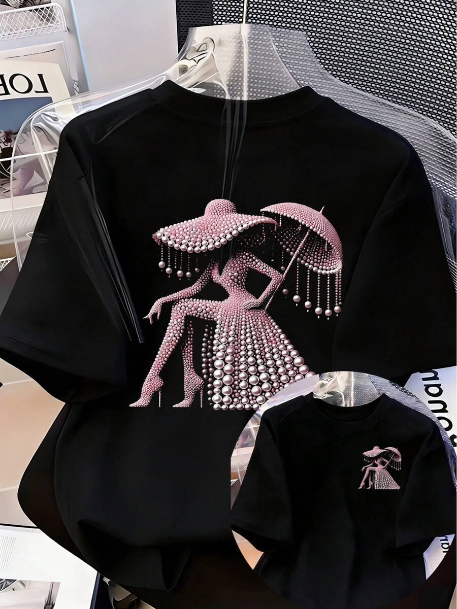 Camiseta de Mujer con Estampado de Diamantes Rosados y Paraguas - Blusa de Manga Corta con Cuello Redondo Suave, Top Compatible, Camisa Casual de Verano Lavable a Máquina, Adecuada para Mujeres, Conjuntos de Primavera, Uniformes y Atuendos Casuales - Negro - Ver 1