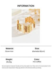 1pc Bohemian Vacation Style Gold Patchwork Contrast Color Raffia Open Wide Cuff Bracelet, Suitable For Women's Daily Wear, Vacation, Travel, Atmosphere Accessory - Mixed Coffee - View 7