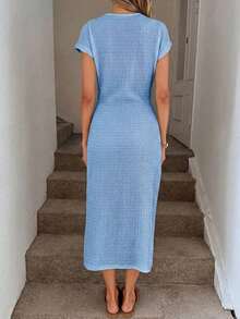 Vestido midi casual de mujer con estampado de lunares, cintura retorcida y abertura alta sin mangas; Vestido ajustado texturizado casual de mujer; Conjunto de fitness de mujer; Vestido de invitada de boda de mujer; Atuendo de oficina de mujer - Celeste - Ver 4