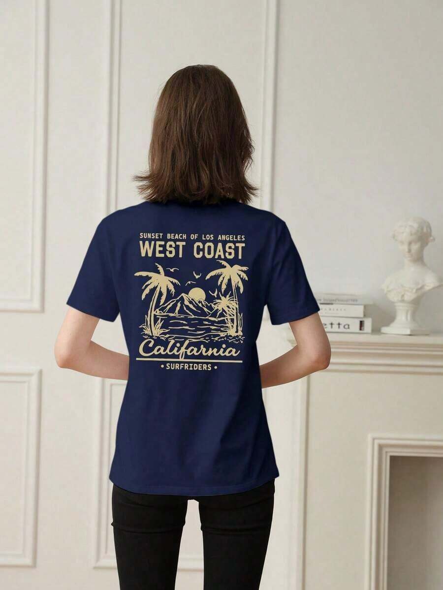 Women's Short-Sleeved T-Shirt With A Round Neck, A Casual Summer Style, Minimalist And Versatile, With A Palm Tree Print And Slogan, Suitable For Everyday Wear. Printed T-Shirt, Black, Vacation - 海軍 - 查看 1
