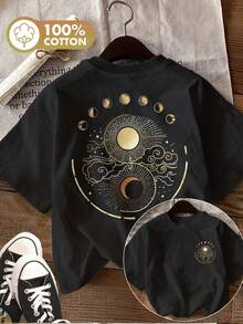 [Impresión a doble cara]Camiseta de mujer para primavera y verano - Estilo minimalista con diseño de sol, luna y nubes, de algodón puro, manga corta y cuello redondo - Camiseta unisex de estilo vintage urbano, holgada, de algodón, manga corta y cuello redondo, blusas para mujer. blusas.blusas casuales para dama. - Negro - Ver 6