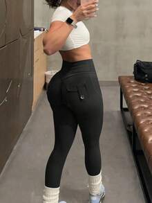 Pantalones deportivos de cintura alta con bolsillos elásticos y pliegues en las caderas, leggings de secado rápido para entrenamiento físico - Negro - Ver 4