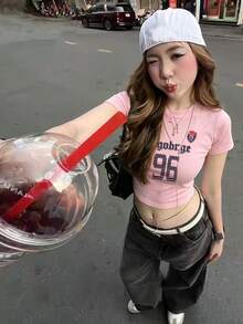 女款街頭風短版上衣，極簡字母印花，修身夏季休閒粉色襯衫 - 粉色 - 查看 1