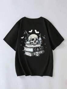 Camiseta de Halloween para mujer de talla grande con diseño de calavera, murciélago y libro - Camiseta, lavable a máquina - Perfecta para primavera y verano, adecuada para uso diario, salir, fiestas, escuela, asistir a festivales de música, vacaciones, ir y venir. Puede ser un regalo para familia, novio, novia, amigos, ropa de verano casual negra - Negro - Ver 3