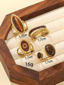 1pc/4pcs Stainless Steel 18k Gold Plated Open Rhombus, Oval, Shell Rings, Inlaid With Milky Brown Gemstones, Suitable For Women's Daily Decoration Or Gift - Yellow Gold - View 7