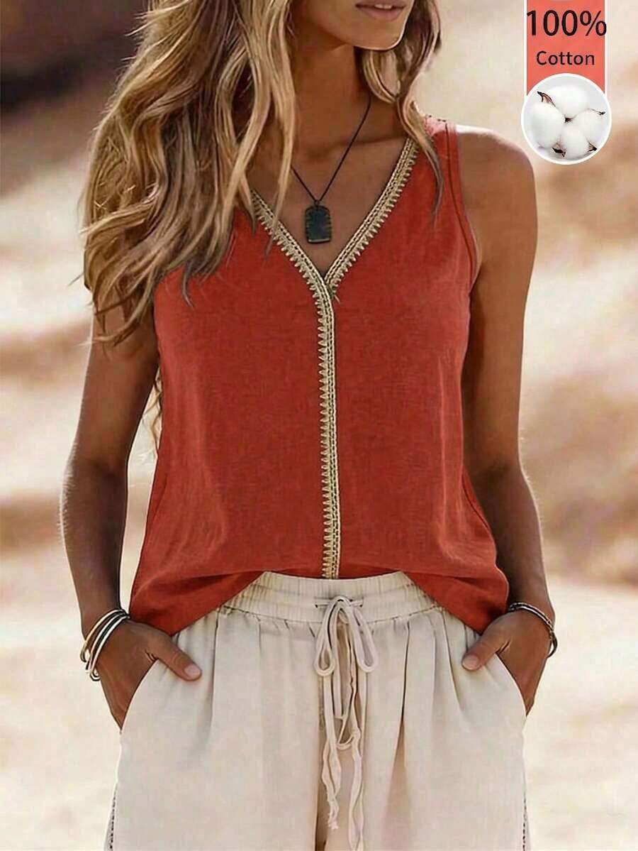 Top de mujer de cuello en V, casual, cómodo, de vacaciones, de campo, relajado, de textura suave - Naranja - Ver 1
