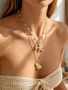 1 chiếc vòng cổ 3 lớp phong cách Bohemian, mặt dây chuyền hình vỏ sò và sao biển, vòng cổ choker ngọc trai giả kiểu dáng nghỉ dưỡng dành cho nữ. - Vàng - Xem 1