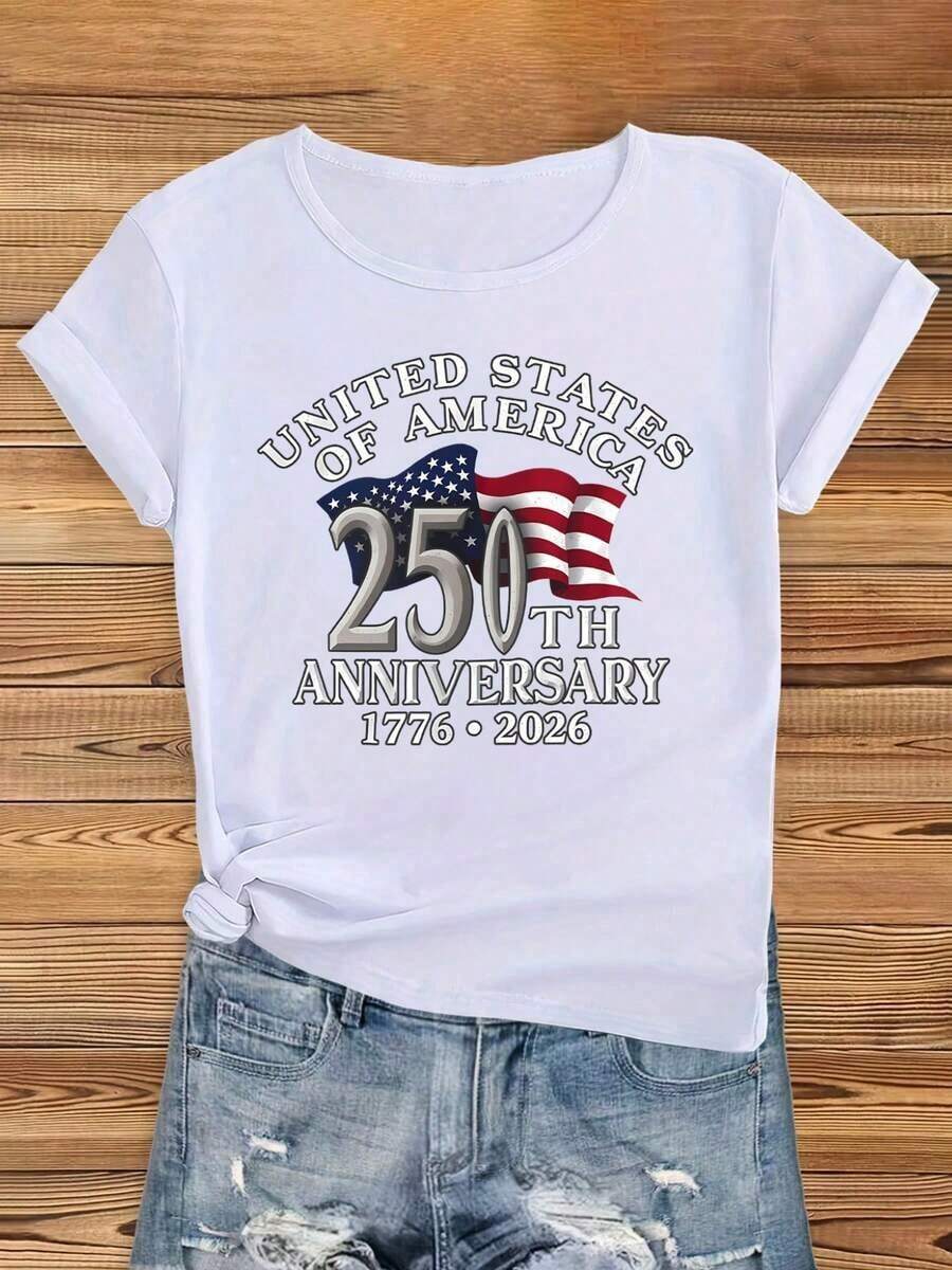1 Pieza Moda Informal Para Hombres Y Independencia de las Mujeres Día UNIDO ESTADOS OF AMÉRICA 250º ANIVERSARIO 1776 2026 Hermoso A la moda, Elegante Fiesta Elástico Lindo Deportes Regalo Suave Máquina Lavable Inicio Informal Redondo Cuello Corto Manga Camiseta Cómodo Versátil, fácil de combinar, adecuado para el uso diario, estilo urbano, conjuntos de vacaciones, conjuntos de fin de semana. - Blanco - Ver 1