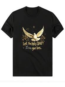 Women's T-Shirt With Holy Spirit Dove Graphic, Black Religious Clothing With Gold Wings And Inspirational Quote, Lightweight And Breathable Top, Loose Fit, Christian, Ideal For Everyday Wear And Special Occasions - 黑色 - 查看 1
