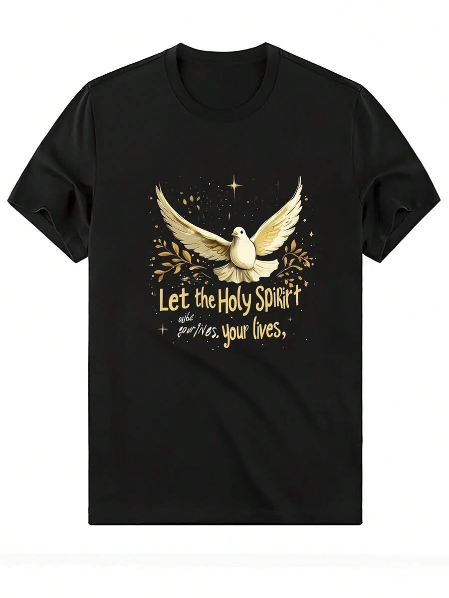 Women's T-Shirt With Holy Spirit Dove Graphic, Black Religious Clothing With Gold Wings And Inspirational Quote, Lightweight And Breathable Top, Loose Fit, Christian, Ideal For Everyday Wear And Special Occasions - 黑色 - 查看 1