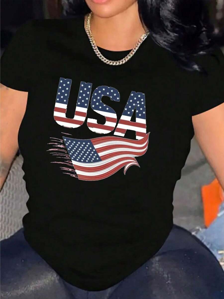 Flag USA T-Shirt For Women Casual Short Sleeve Tee 1 Pcs 100% Heavy Cotton - Comfortable Crew Neck, Soft Adorable Tees Tops - 黑色 - 查看 1