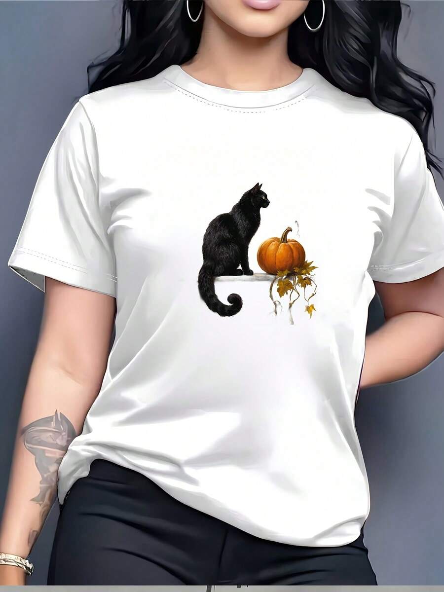 Camiseta con diseño de gato negro y calabaza, 180g, regalo para fiesta de Halloween, moda femenina, de otoño, camiseta casual de cuello redondo. - Blanco - Ver 1