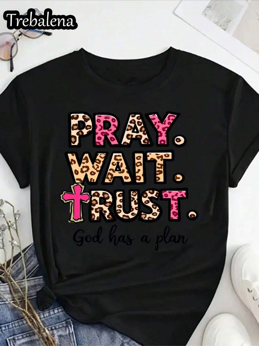 Plus Size Women's 100% Cotton T-Shirt - Pray Wait Trust God Has A Plan With Leopard And Polka Dot Print And Cross Detail - Crew Neck Short Sleeve For Spring Summer Autumn - Mother's Day Gift, Juneteenth, Motivational Clothing | Casual Fashion | Comfortable Fit - 黑色 - 查看 1