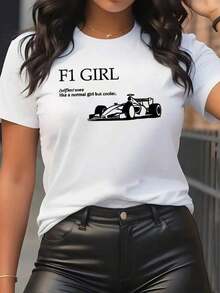 Comfortable 100% Cotton Women's T-Shirt, Loose Fit, With "F1 GIRL Like A Normal Girl But Cooler" Print, Racing Design, Casual Crew Neck T-Shirt For Women. Loose And Versatile Short-Sleeved T-Shirt For Women. - 白色 - 查看 7