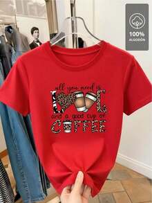ComfortableLove & Coffee Animal Print - 100% Cotton T-Shirt, G (S-XXXL) Loose And Versatile Short-Sleeved T-Shirt For Women - 黑色 - 查看 11