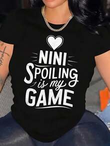 Size, Women's Cotton Crew Neck T-Shirt - Heart Graphic Print With The Phrase "Nini Spoiling Is My Game", Casual Short Sleeve T-Shirt For All Seasons, Black With White Text, Machine Washable - 黑色 - 查看 1