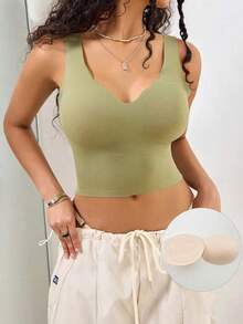 1 pieza Camiseta de mujer de unicolor simple sin costuras de corte corto - Verde militar - Ver 3