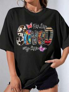 Women's Black And White T-Shirt, Oversized White T-Shirt With Butterfly And Animal Graphic Print, Casual Wear For Everyday Outfits And Urban Style, Outdoor Party, Casual Printed T-Shirt - 黑色 - 查看 1