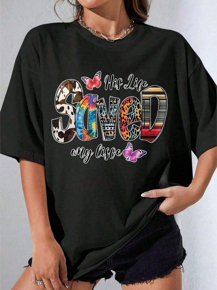 Women's Black And White T-Shirt, Oversized White T-Shirt With Butterfly And Animal Graphic Print, Casual Wear For Everyday Outfits And Urban Style, Outdoor Party, Casual Printed T-Shirt - 黑色 - 查看 1
