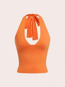 Moderno top sólido con diseño calado, cuello halter y escote en V para mujer - Naranja Quemada - Ver 1