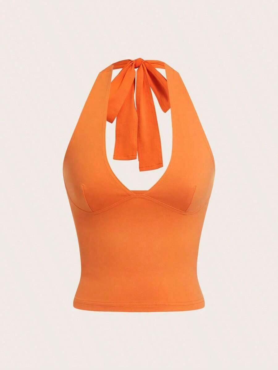 Moderno top sólido con diseño calado, cuello halter y escote en V para mujer - Naranja Quemada - Ver 1