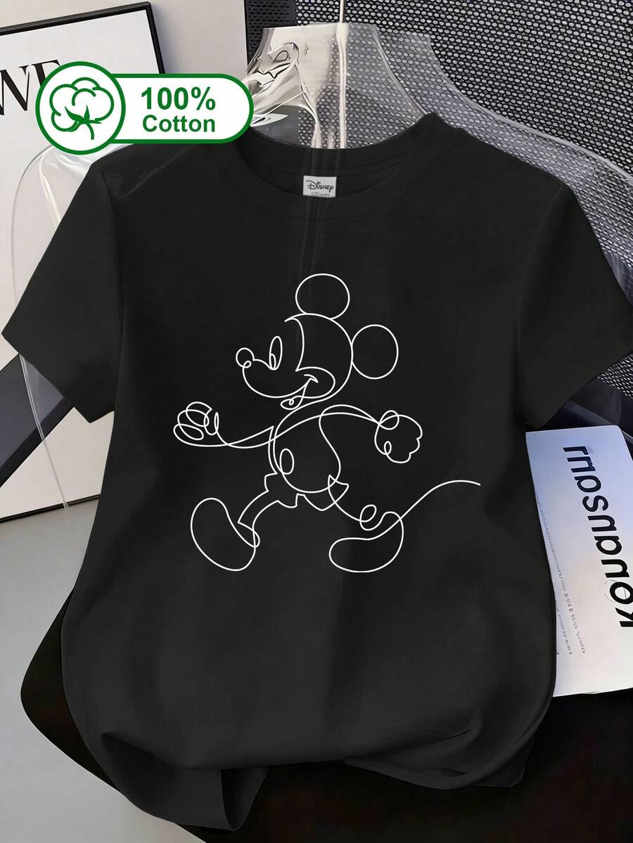 Disney 迪士尼女款 100% 純棉條紋米妮印花 T-shirt,適合戶外穿著,女款夏季上衣,米妮印花 T-shirt 休閒黑色 - 黑色 - 查看 1
