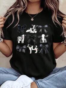 Women's Casual Graphic Short Sleeve T-Shirt With Cow Print And Bow, Casual Summer Top, Comfortable Fabric, Perfect For A Gift, Bohemian T-Shirt, Blouses For Women - 黑色 - 查看 1