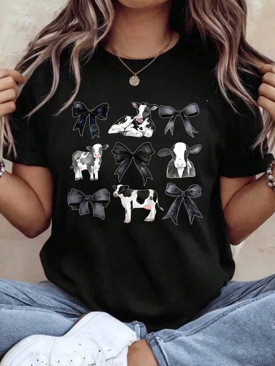 Women's Casual Graphic Short Sleeve T-Shirt With Cow Print And Bow, Casual Summer Top, Comfortable Fabric, Perfect For A Gift, Bohemian T-Shirt, Blouses For Women - 黑色 - 查看 1