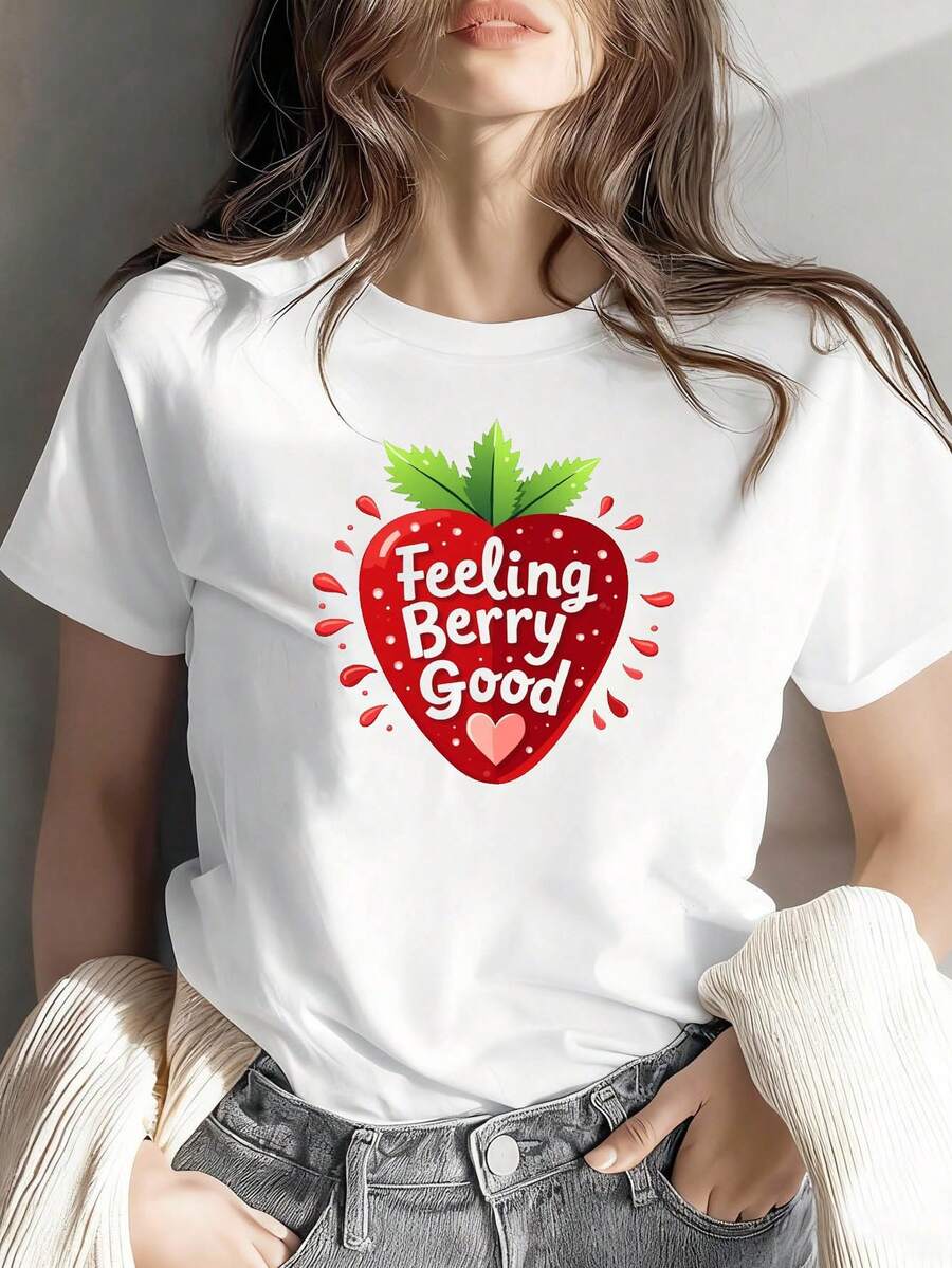 Women's Strawberry Print T-Shirt - Short Sleeve Crew Neck T-Shirt With Strawberry Print, Charming Strawberry Design, Suitable For Casual Wear In Spring And Summer, Picnics, Music Parties And Strawberry Themed Events - Not A Shirt Style - Unisex Cotton T-Shirt, Short Sleeve, Crew Neck, Urban Vintage Style. - 白色 - 查看 1