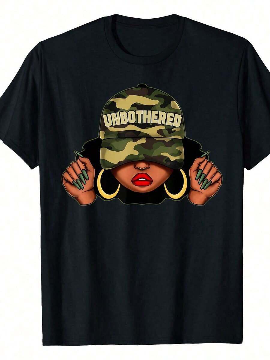 Camouflage T-Shirt With Cap, Afro Style, Printed T-Shirt For Women, Urban Retro Fashion, Short Sleeve, Round Neck, Casual, For Summer And Outdoor Vacation - 黑色 - 查看 1