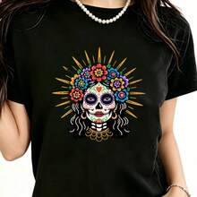 Women's T-Shirt, Short-Sleeved Summer Top, Black T-Shirt For Women, Colorful Artistic Design Of Mexican Skulls, Bohemian Gothic Style With Day Of The Dead Theme, Traditional Clothing For Celebrations And Festivals, Vibrant Casual Wear For Women. - 黑色 - 查看 9