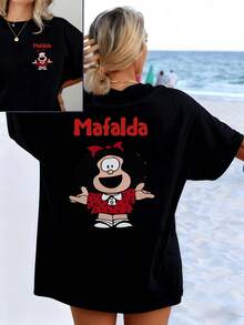 Cheerful Girl Figure With Red Bow, Wide Smile And Open Arms Conveying Energy And Optimism. Women's T-Shirt With Double Print, Casual And Comfortable For Summer - 黑色 - 查看 1