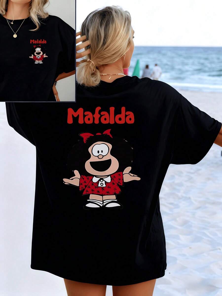 Cheerful Girl Figure With Red Bow, Wide Smile And Open Arms Conveying Energy And Optimism. Women's T-Shirt With Double Print, Casual And Comfortable For Summer - 黑色 - 查看 1