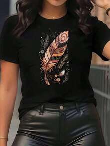 New Arrivals For Summer. Women's Feather Print T-Shirt, Boho Style, Round Neck, Casual Everyday Wear, Soft And Comfortable, Festive Style, Blouse, Shirt > Beautiful. - 黑色 - 查看 12
